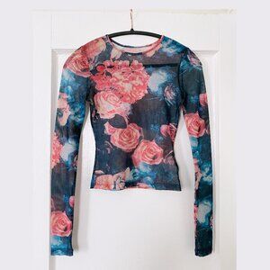 Miaou Women's Mesh Printed Longsleeve Tee in Decades Rose size XS